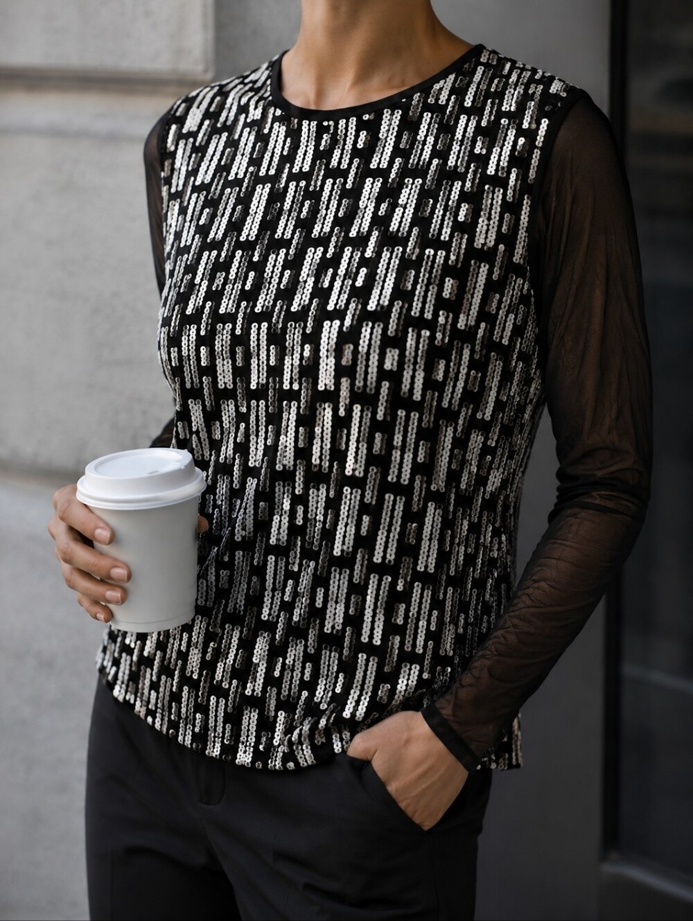 Isaac Mizrahi New York Black & White Sequin Mesh Long Sleeve Top – Size Small